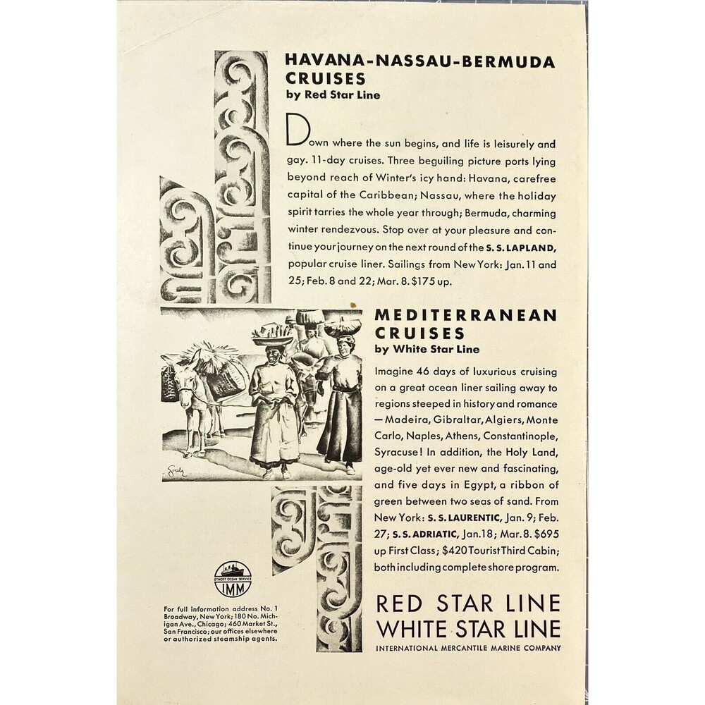 Red/White Star Lines "Mediterranean Havana Nassau Bermuda Cruises" Vtg Ad 1930